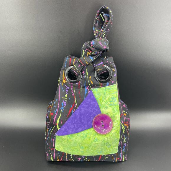 Hand Crafted Bucket Tote Bag Black w/Neon Paint Splatter Soft Fabric Artsy Boho - Picture 1 of 9